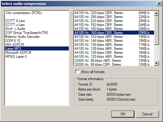 VirtualDub audio compression settings