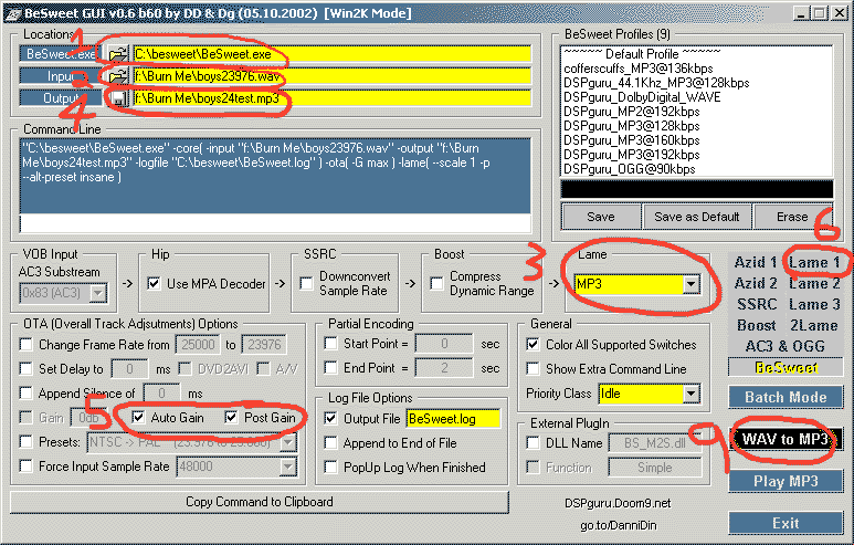 BeSweet GUI - with buttons numbered to match instructions