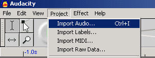 Audacity Menu: Project > Import Audio... (Ctrl+I)